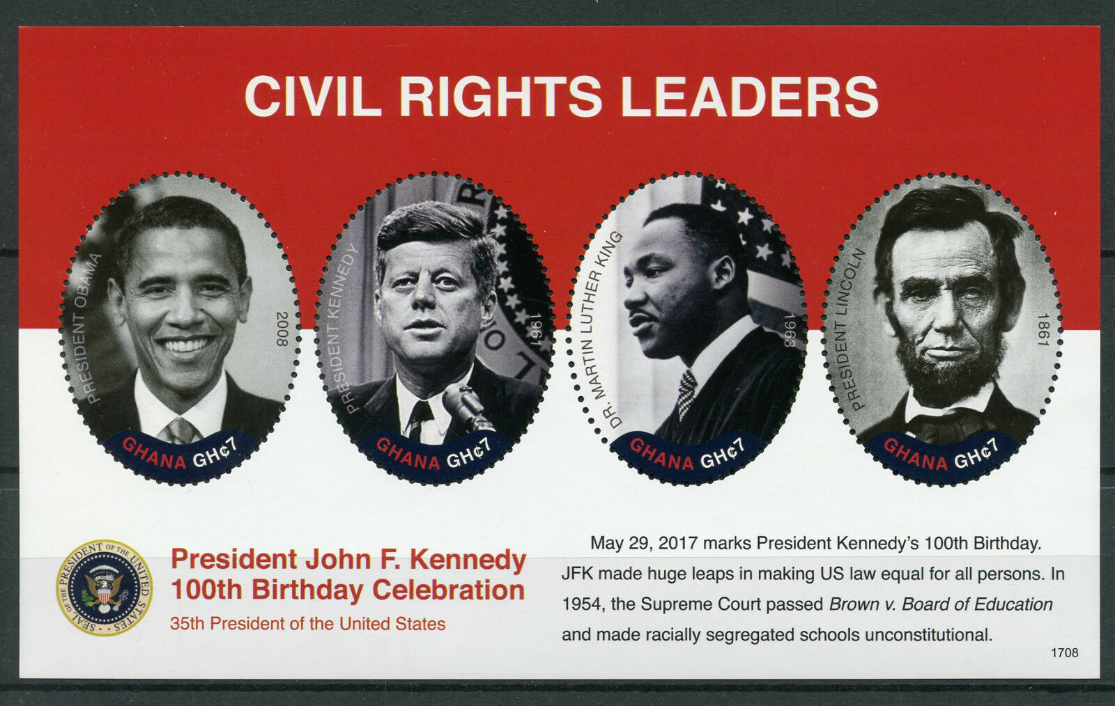 Ghana JFK Stamps 2017 MNH John F Kennedy 100th Lincoln King Obama 4v M/S I