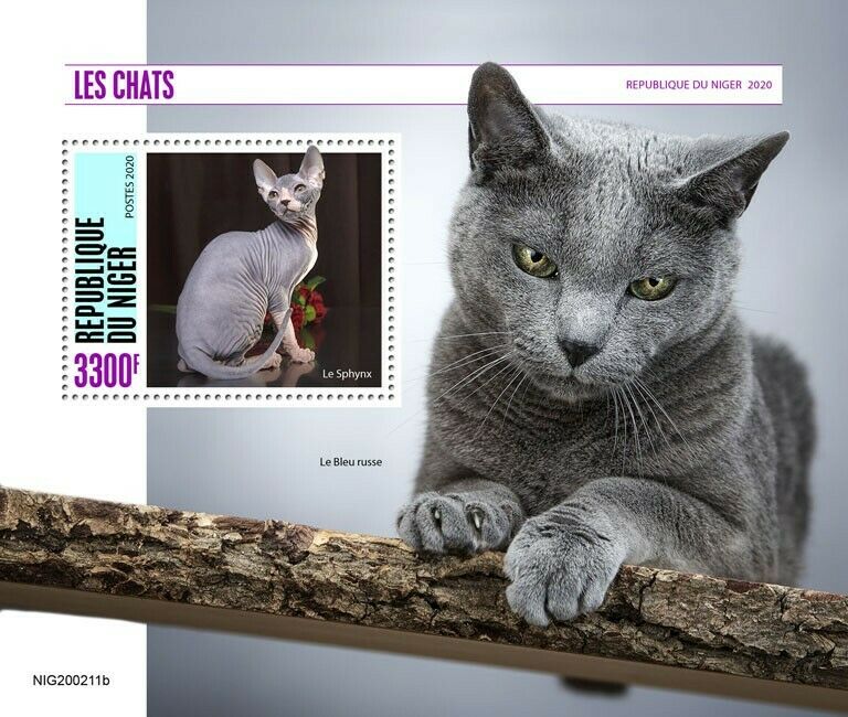 Niger 2020 MNH Cats Stamps Sphynx Blue Russian Cat Pets Domestic Animals 1v S/S