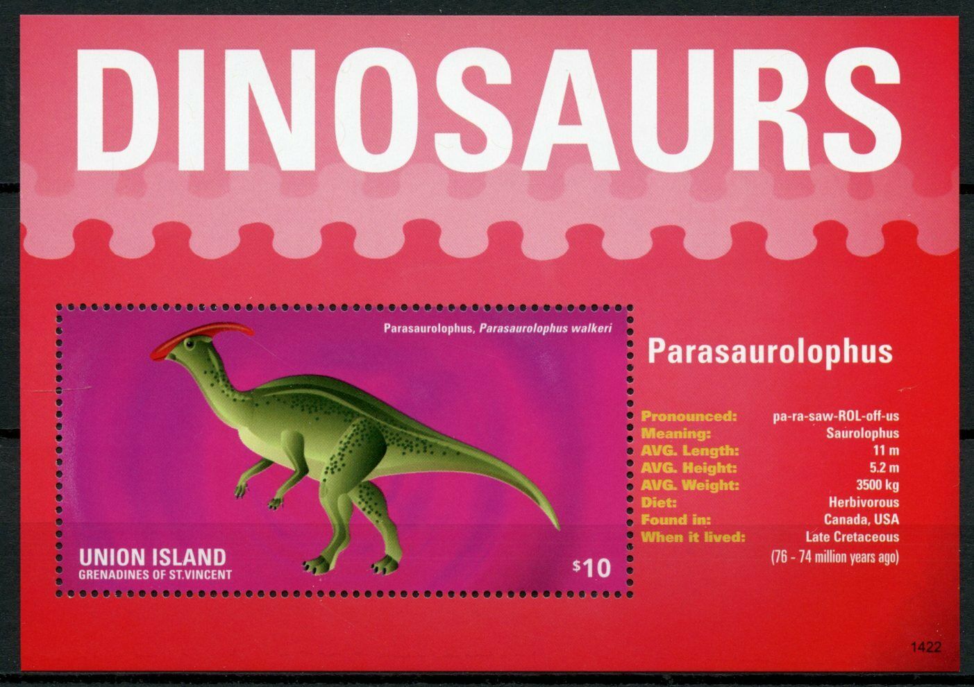 Union Island Gren St Vincent Dinosaurs Stamps 2014 MNH Parasaurolophus S/S I