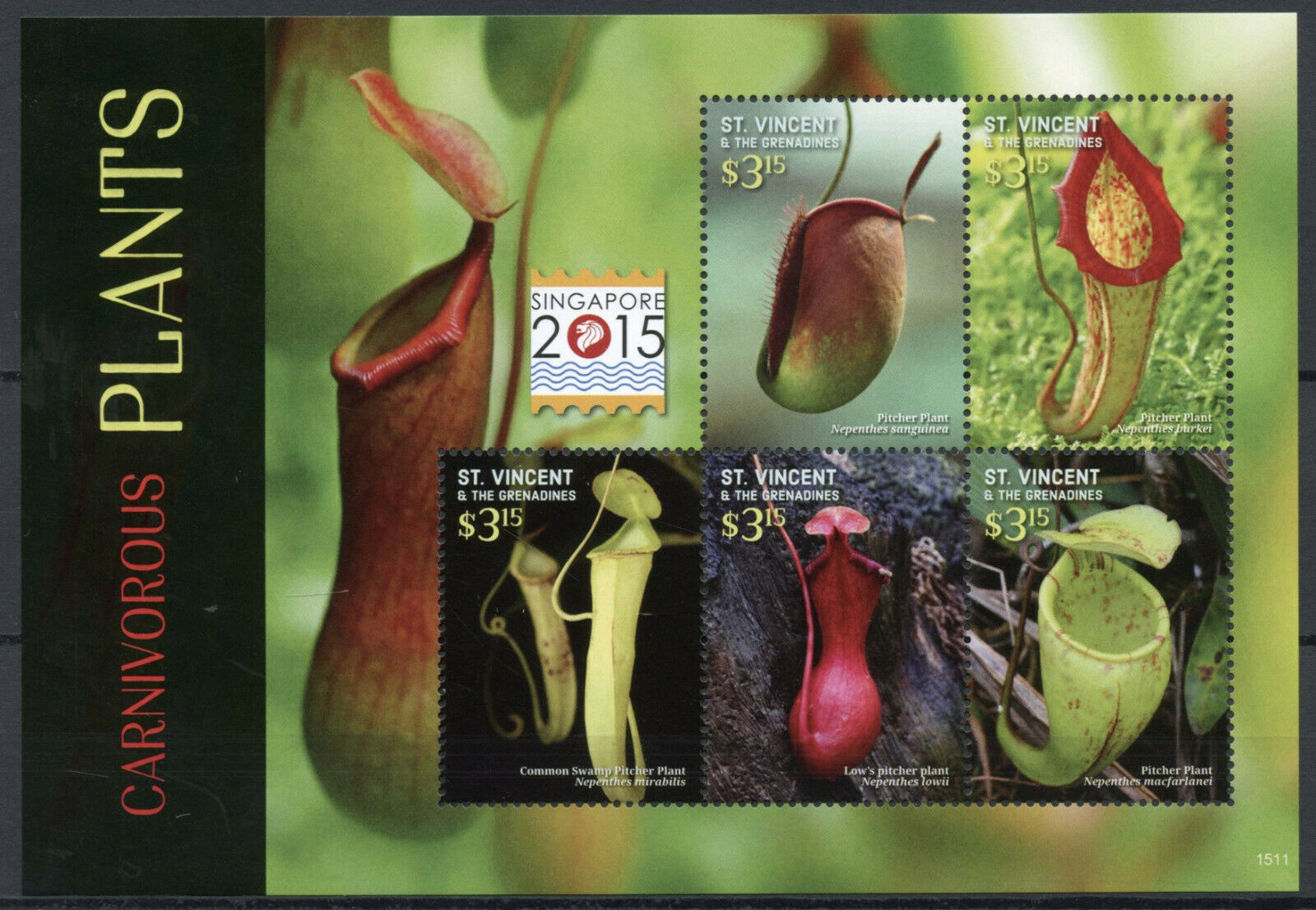 St Vincent & Grenadines 2015 MNH Carnivorous Plants Stamps Singapore 2015 5v M/S