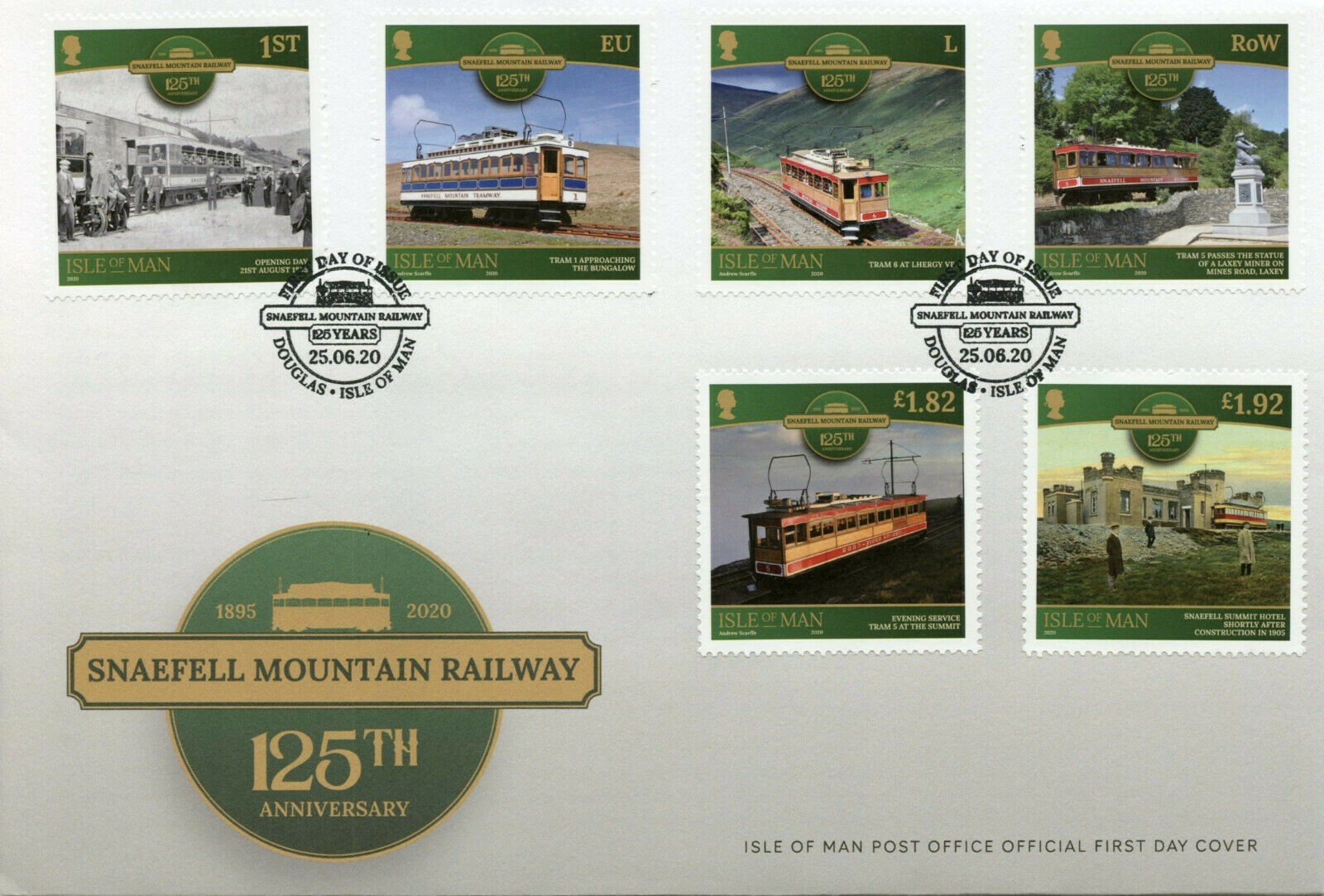 Isle of Man IOM Rail Stamps 2020 FDC Snaefell Mountain Railway Trams 6v Set