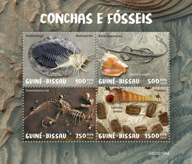 Guinea-Bissau 2020 MNH Seashells & Fossils Stamps Shells Trilobites T-Rex 4v M/S