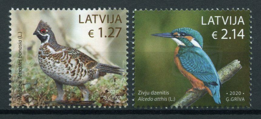 Latvia Birds on Stamps 2020 MNH Kingfishers Hazel Grouse Fauna 2v Set