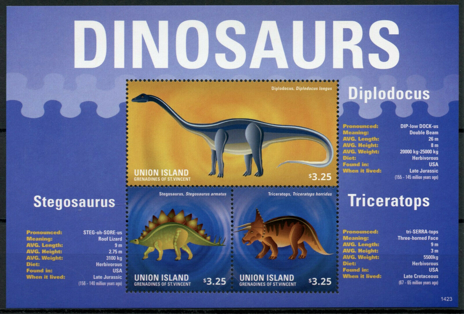 Union Island Gren St Vincent Dinosaurs Stamps 2014 MNH Diplodocus 3v M/S II