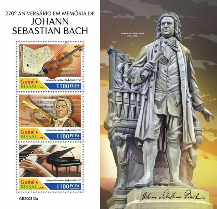Guinea-Bissau Music Stamps 2020 MNH Johann Sebastian Bach Composers 3v M/S