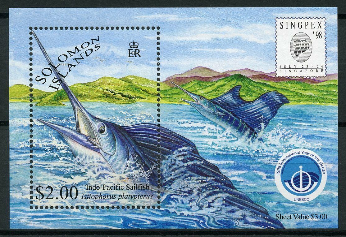 Solomon Islands Fish Stamps 1998 MNH Sailfish SINGPEX '98 Intl Year Ocean 1v M/S