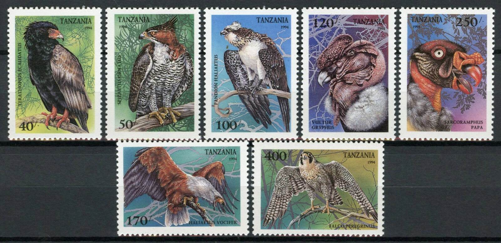 Tanzania 1994 MNH Birds of Prey on Stamps Raptors Vultures Falcons 7v Set