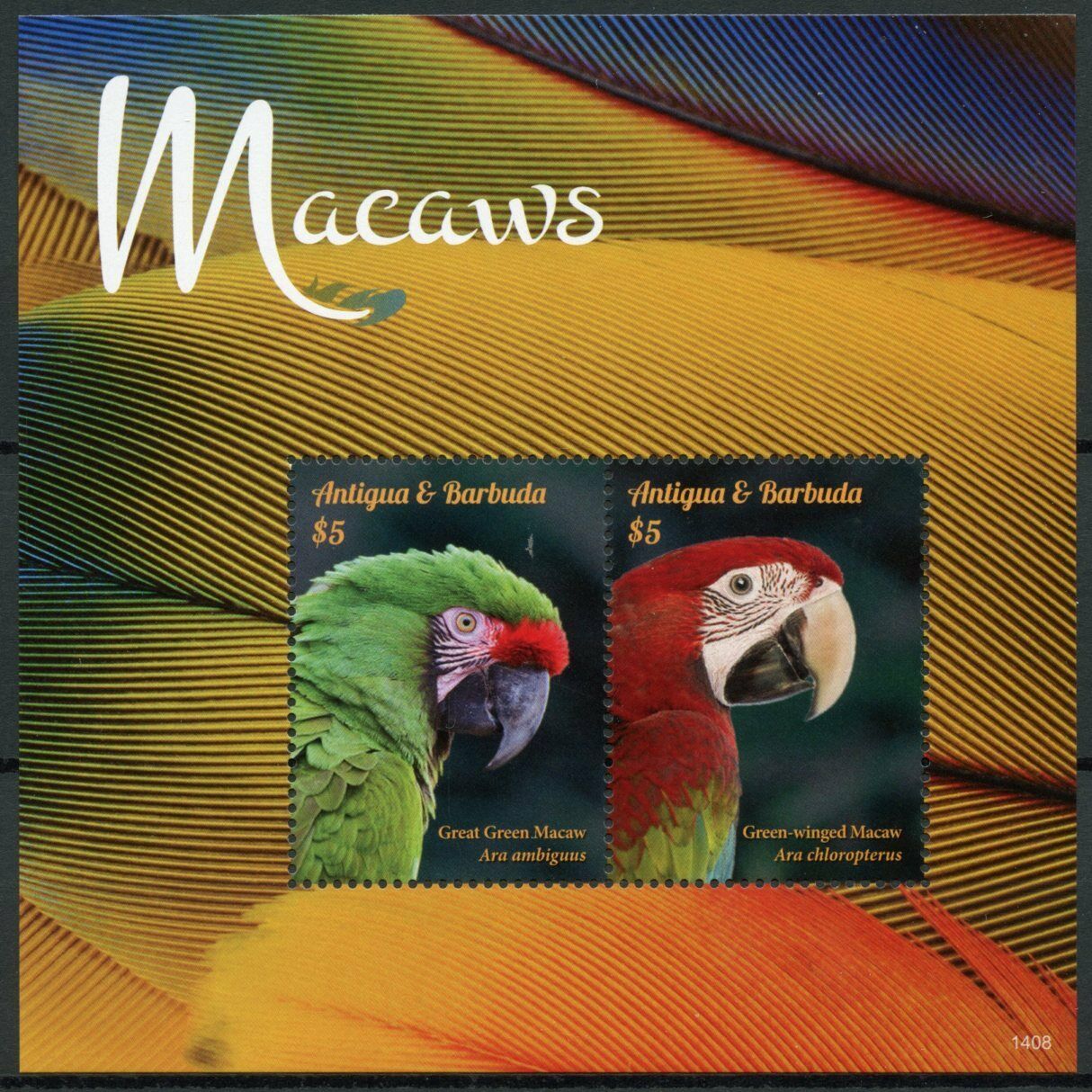 Antigua & Barbuda Birds Stamps 2014 MNH Macaws Parrots Green Macaw 2v S/S II