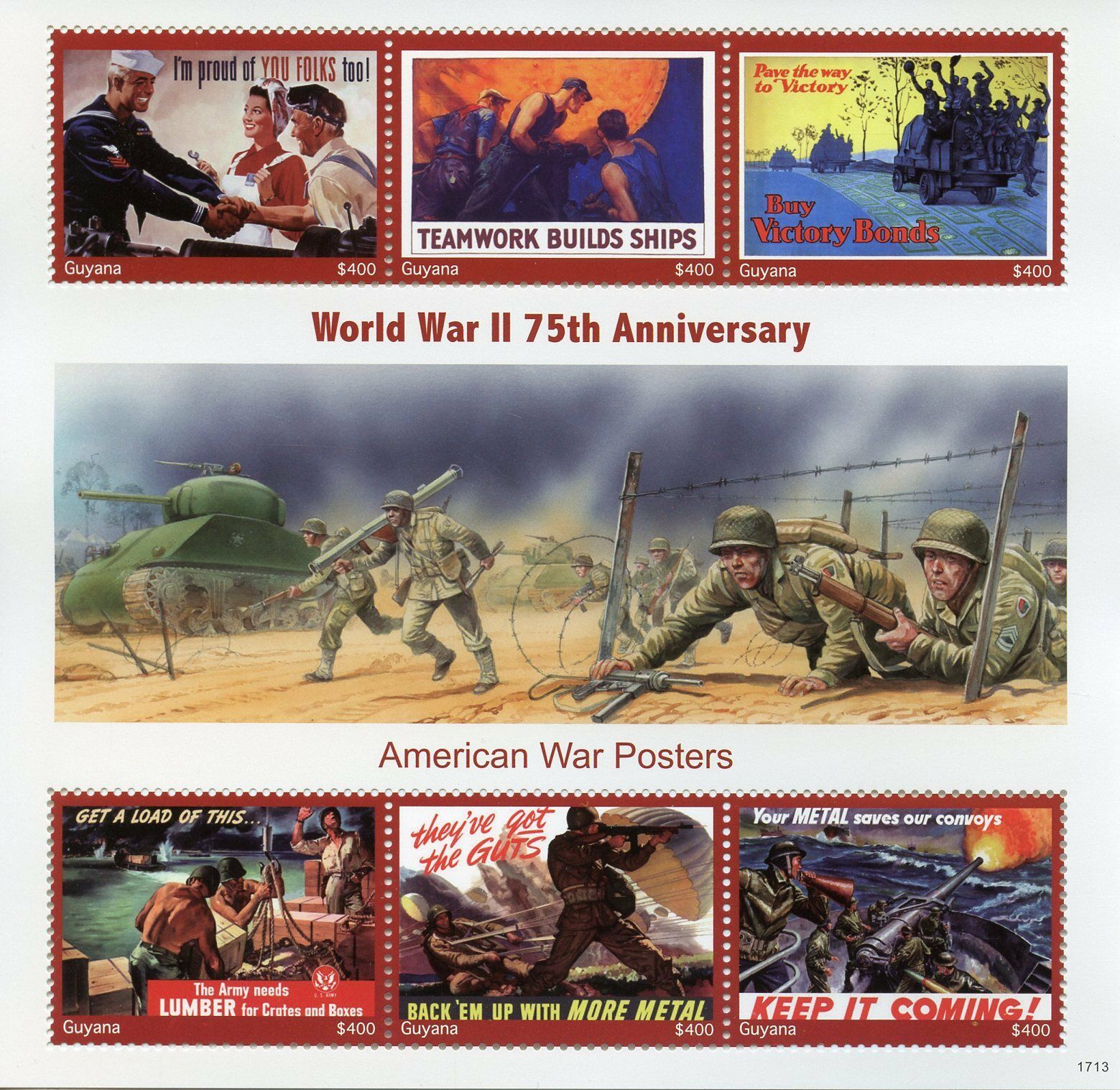 Guyana Stamps 2017 MNH WWII WW2 75th Anniv American World War II Posters 6v M/S