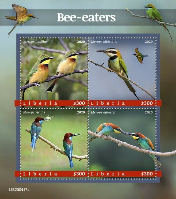Liberia Birds on Stamps 2020 MNH Bee-Eaters Blue-Throated Bee-Eater 1v S/S