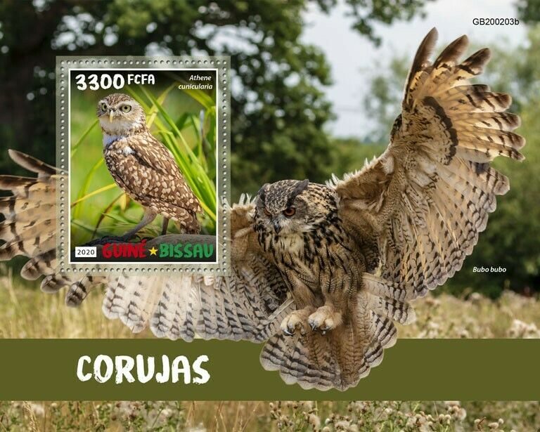 Guinea-Bissau 2020 MNH Birds on Stamps Owls Burrowing Owl Eagle-Owl 1v S/S