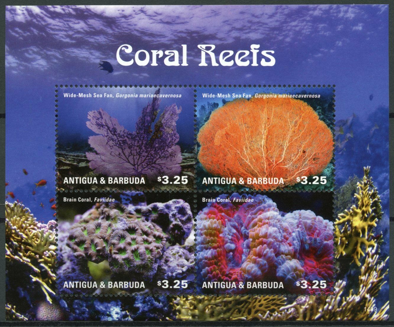 Antigua & Barbuda Marine Stamps 2014 MNH Coral Reefs Fan Brain Corals 4v M/S I