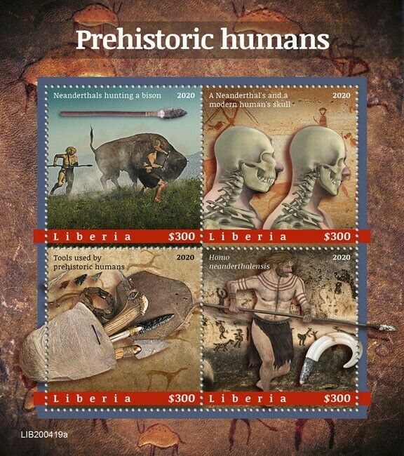 Liberia 2020 MNH Stamps Prehistoric Humans Neanderthals Cave Art Fossils 4v M/S