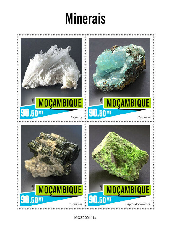 Mozambique Minerals Stamps 2020 MNH Escolcite Turquoise Tourmaline 4v M/S