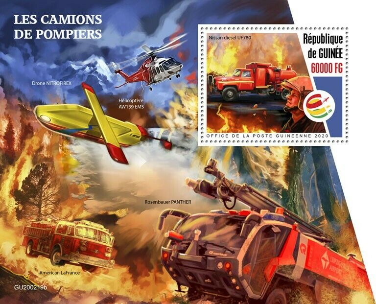 Guinea Fire Engines Stamps 2020 MNH Trucks Nissan Diesel Helicopters 1v S/S