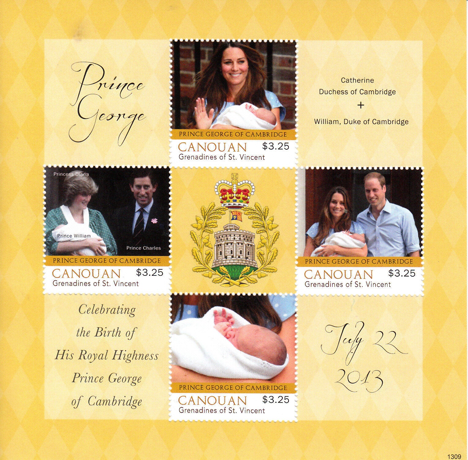 Canouan Gren St Vincent Royalty Stamps 2013 MNH Prince George Royal Baby 4v M/S