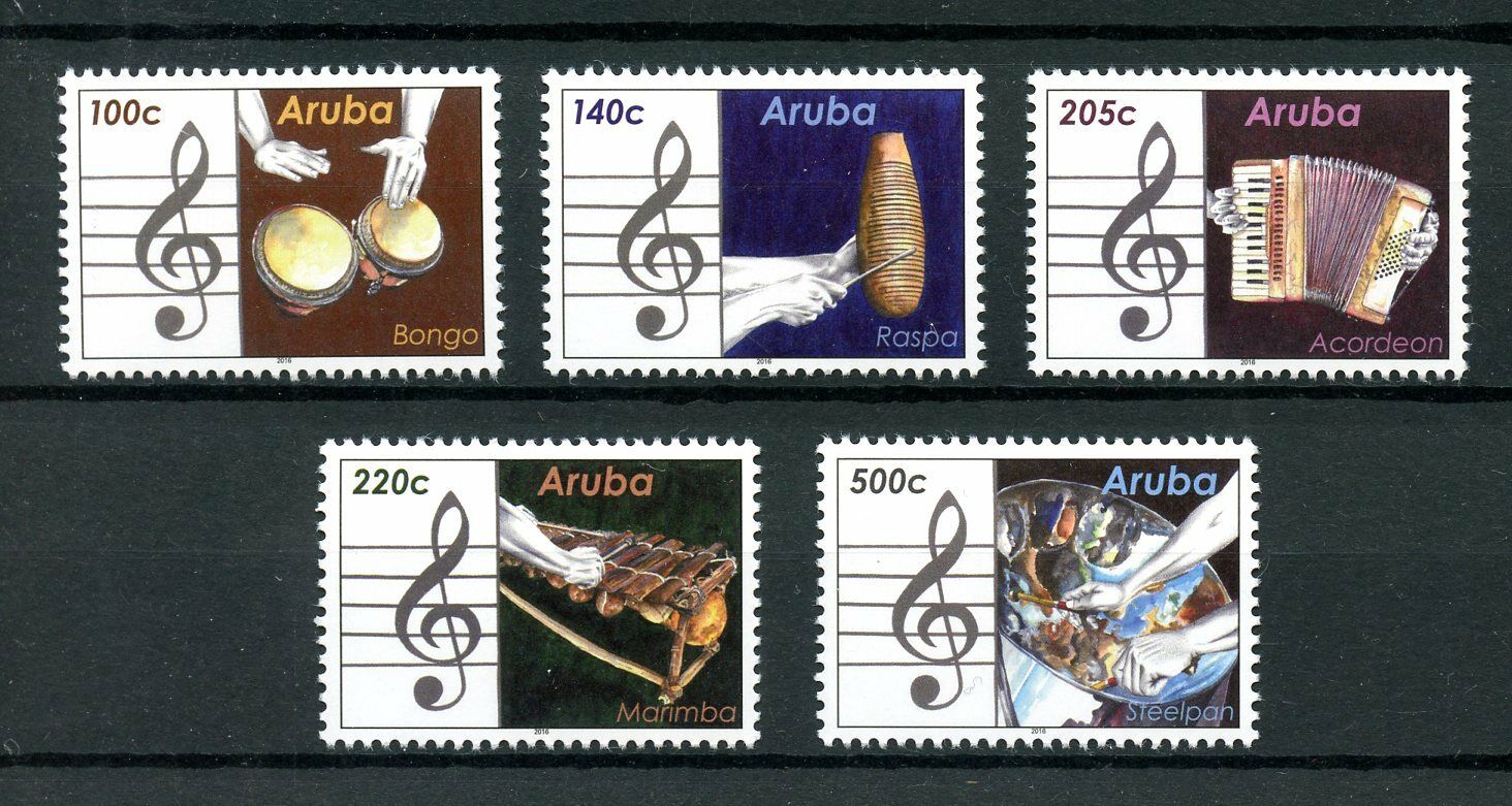 Aruba Music Stamps 2016 MNH Musical Instruments Bongo Marimba Raspa 5v Set