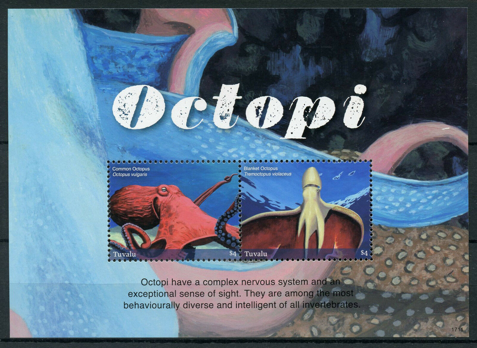 Tuvalu Marine Animals Stamps 2017 MNH Octopi Common Blanket Octopus 2v S/S