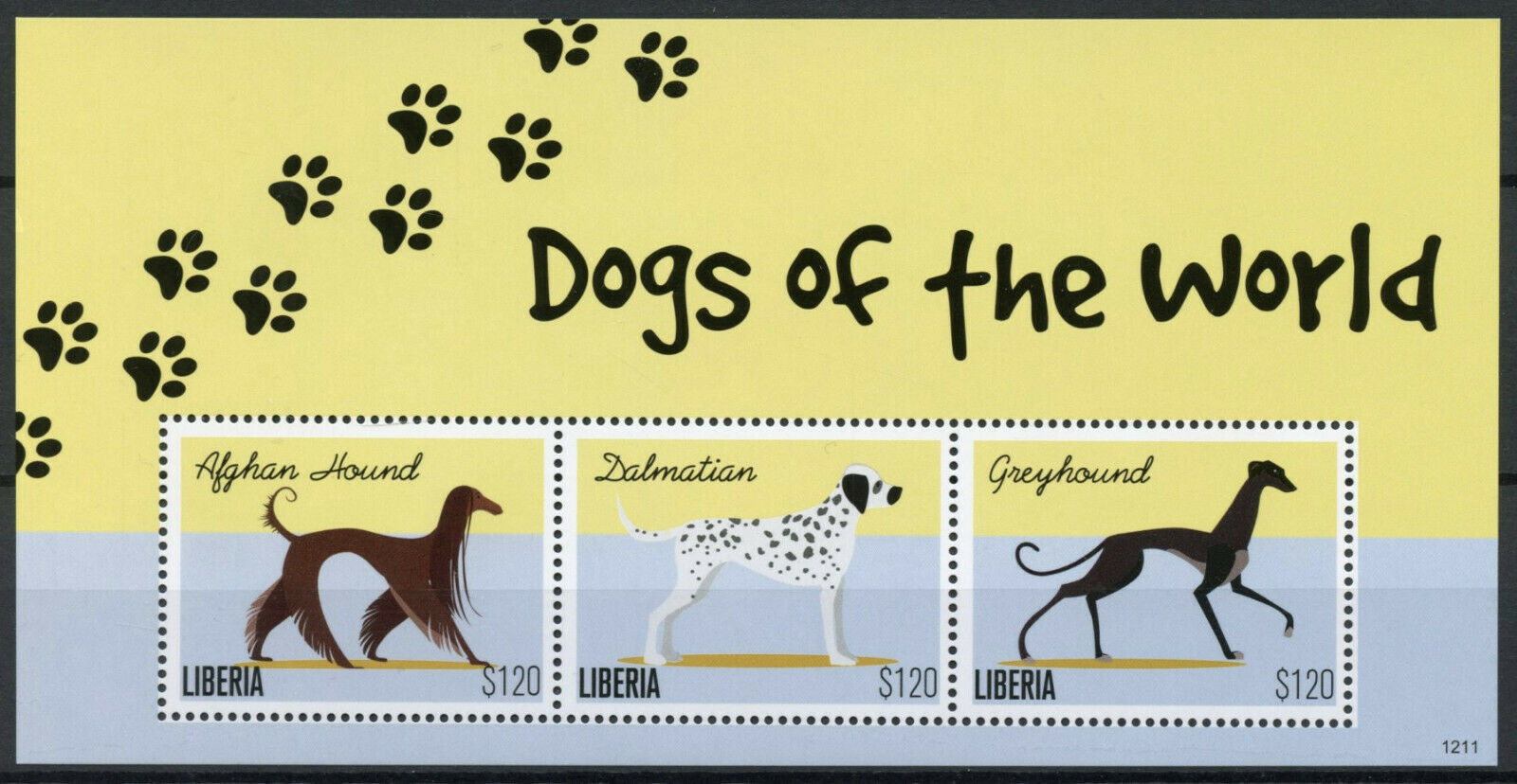 Liberia Stamps 2012 MNH Dogs of World Dalmatian Greyhound Afghan Hound 3v M/S II
