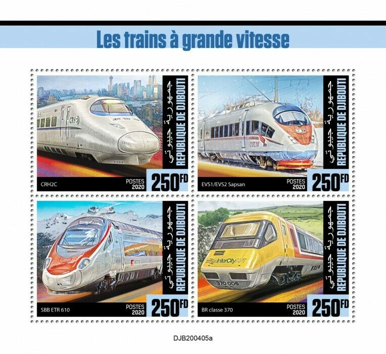 Djibouti High-Speed Trains Stamps 2020 MNH CRH2C Sapsan ETR Railways Rail 4v M/S