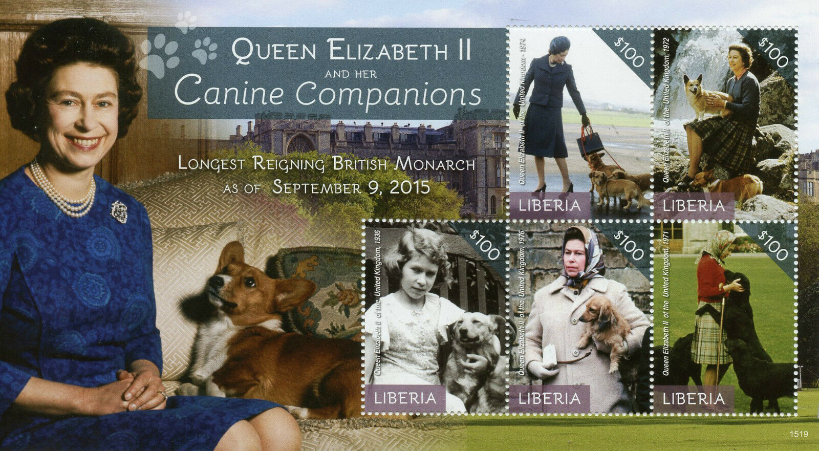 Liberia 2015 MNH Royalty Stamps Queen Elizabeth II Canine Companions Dogs 5v M/S
