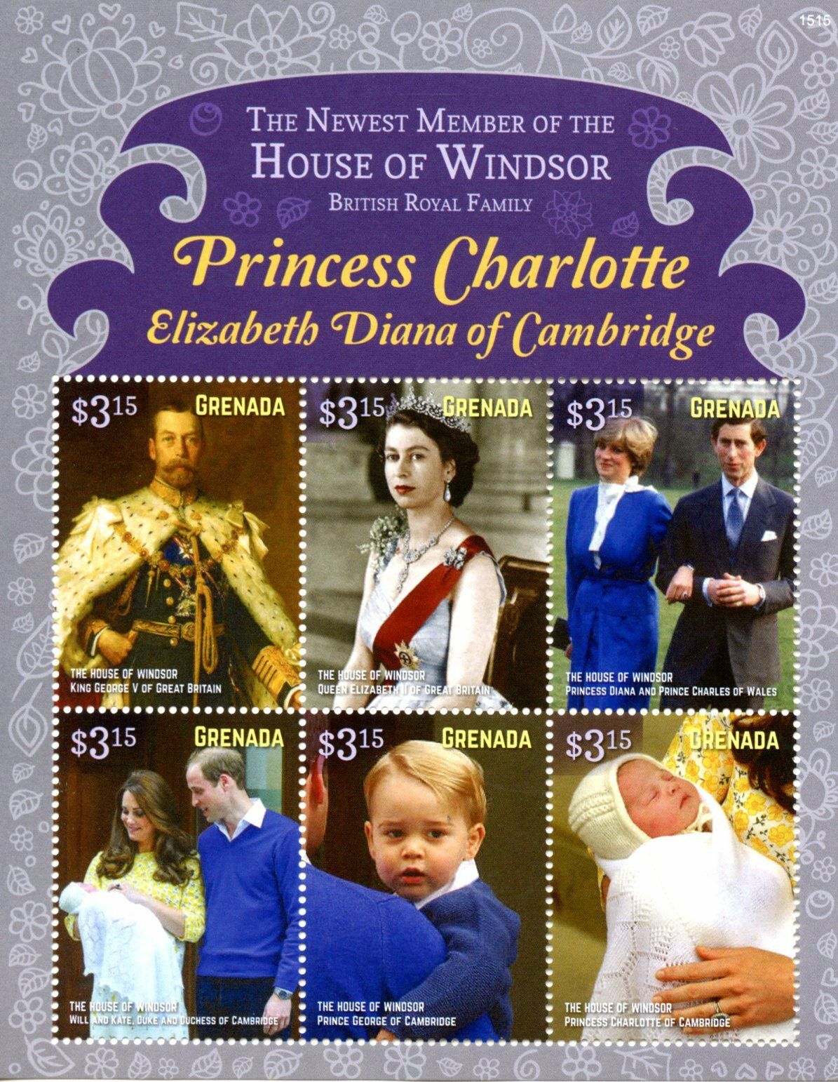 Grenada 2015 MNH Royalty Stamps Princess Charlotte Birth Royal Baby 6v M/S
