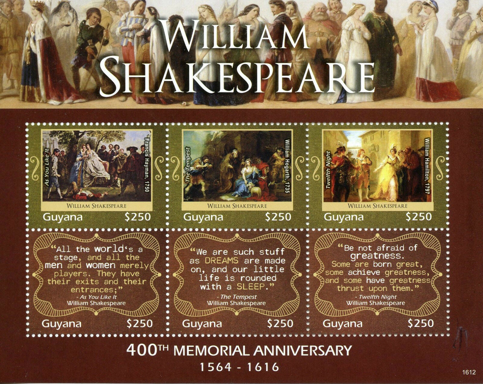 Guyana Famous People Stamps 2016 MNH William Shakespeare Writers 6v M/S