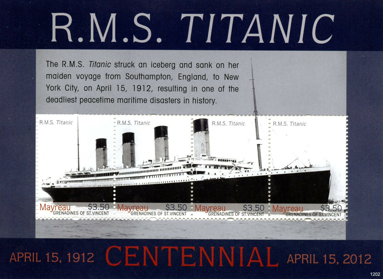 Mayreau Gren St Vincent 2012 MNH Titanic Centennial 4v M/S Ships Boats Stamps