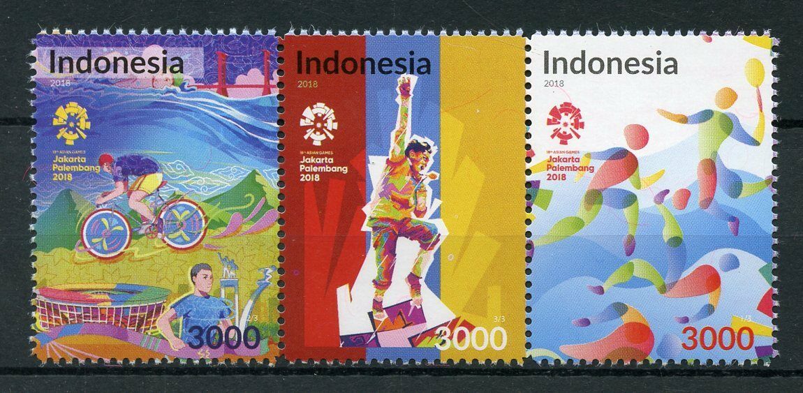 Indonesia Sports Stamps 2018 MNH Asian Games Pt II Badminton Cycling 3v Strip