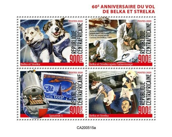 Central African Rep Space Stamps 2020 MNH Dogs Belka & Strelka Flight 4v M/S