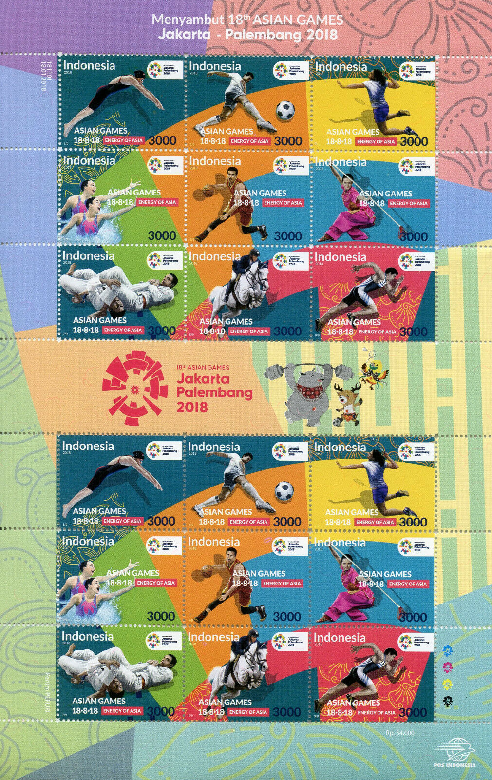 Indonesia Sports Stamps 2018 MNH Asian Games Judo Football Swimming 18v M/S