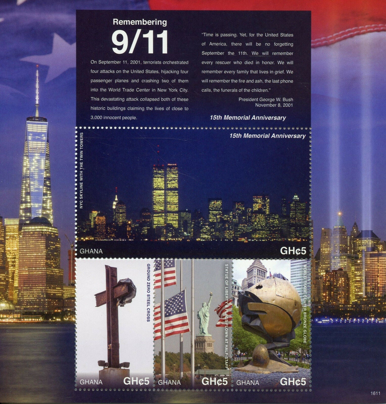 Ghana 2016 MNH Historical Events Stamps Remembering 9/11 15th Memorial Statue of Liberty 4v M/S