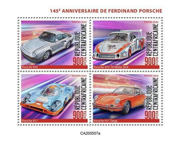 Central African Rep 2020 MNH Cars Stamps Ferdinand Porsche 911 Targa 959 4v M/S