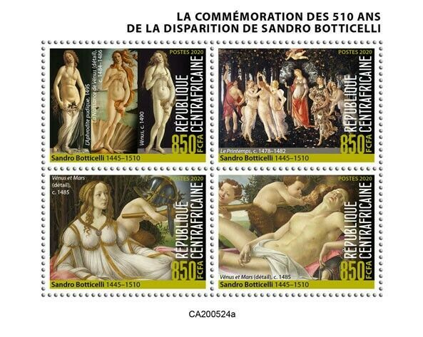 Central African Rep 2020 MNH Art Stamps Sandro Botticelli Nudes Paintings 4v M/S