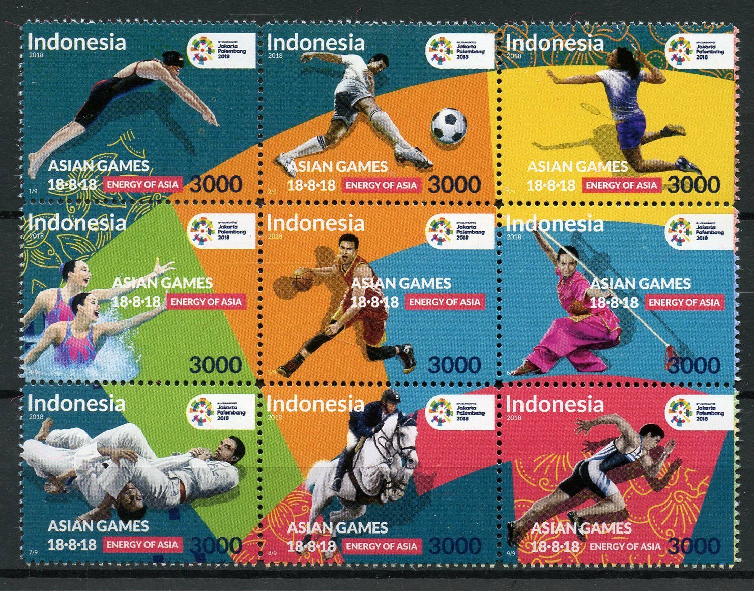 Indonesia Sports Stamps 2018 MNH Asian Games Judo Football Swimming 9v Block
