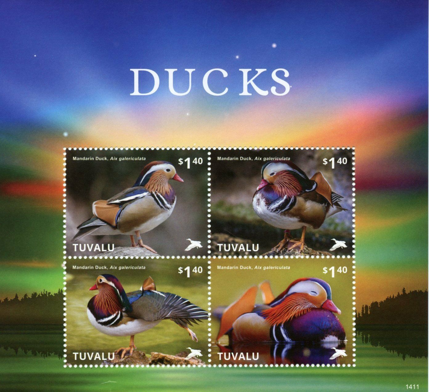 Tuvalu Birds on Stamps 2014 MNH Ducks Mandarin Duck 4v M/S I