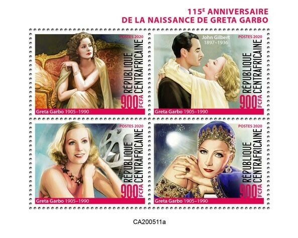 Central African Rep Famous People Stamps 2020 MNH Greta Garbo Celebrities 4v M/S
