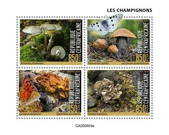 Central African Rep Mushrooms Stamps 2020 MNH Fungi Butterflies Nature 4v M/S
