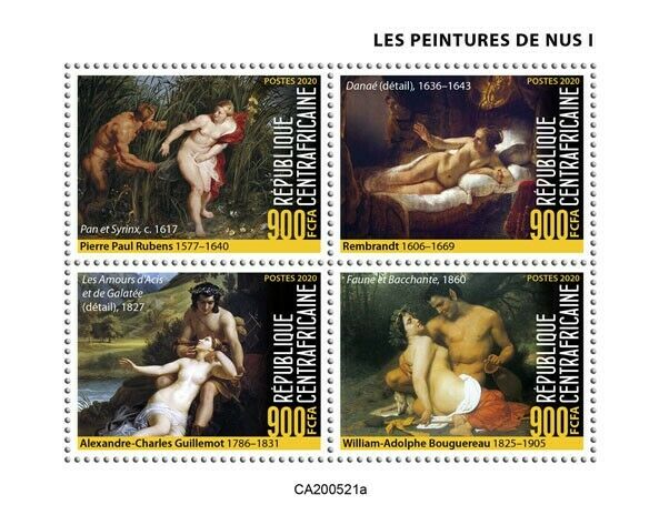 Central African Rep Art Stamps 2020 MNH Nudes Nude Paintings Rubens 4v M/S I