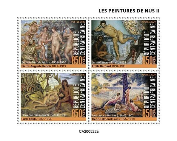 Central African Rep Art Stamps 2020 MNH Nudes Nude Paintings Kahlo 4v M/S II