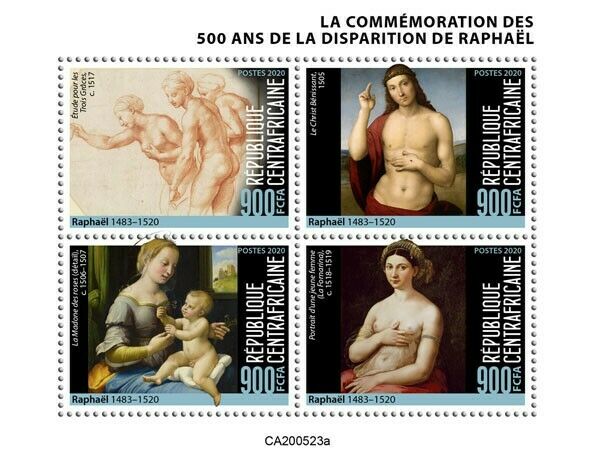Central African Rep Art Stamps 2020 MNH Raphael Nudes Nude Paintings 4v M/S