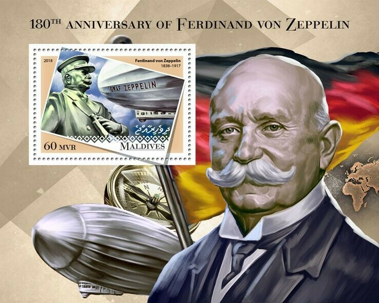 Maldives Zeppelins Stamps 2018 MNH Ferdinand von Zeppelin Aviation People 1v S/S