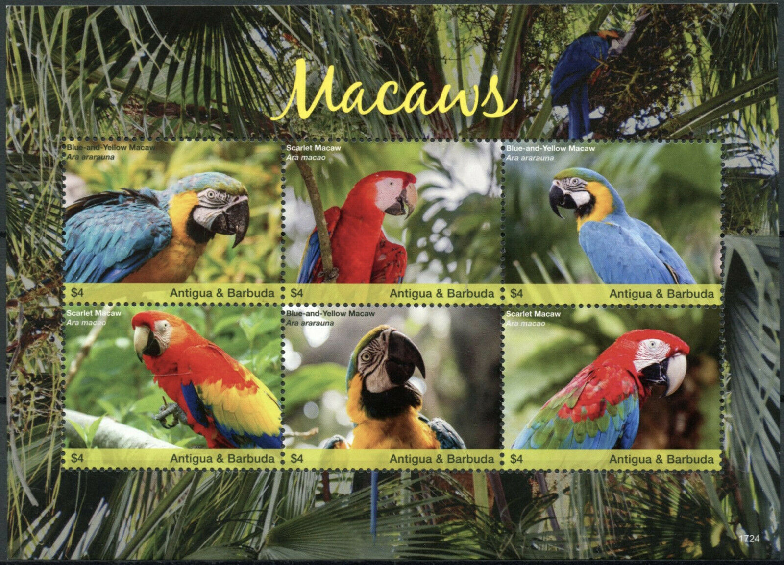 Antigua & Barbuda 2017 MNH Birds on Stamps Macaws Scarlet Macaw Parrots 6v MS II