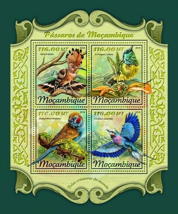 Mozambique 2018 MNH Birds on Stamps Hoopoes Rollers Sunbirds Bird 4v M/S