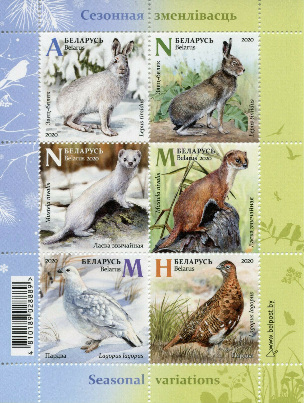 Belarus Fauna Stamps 2020 MNH Seasonal Variations Hares Weasel Birds 6v M/S