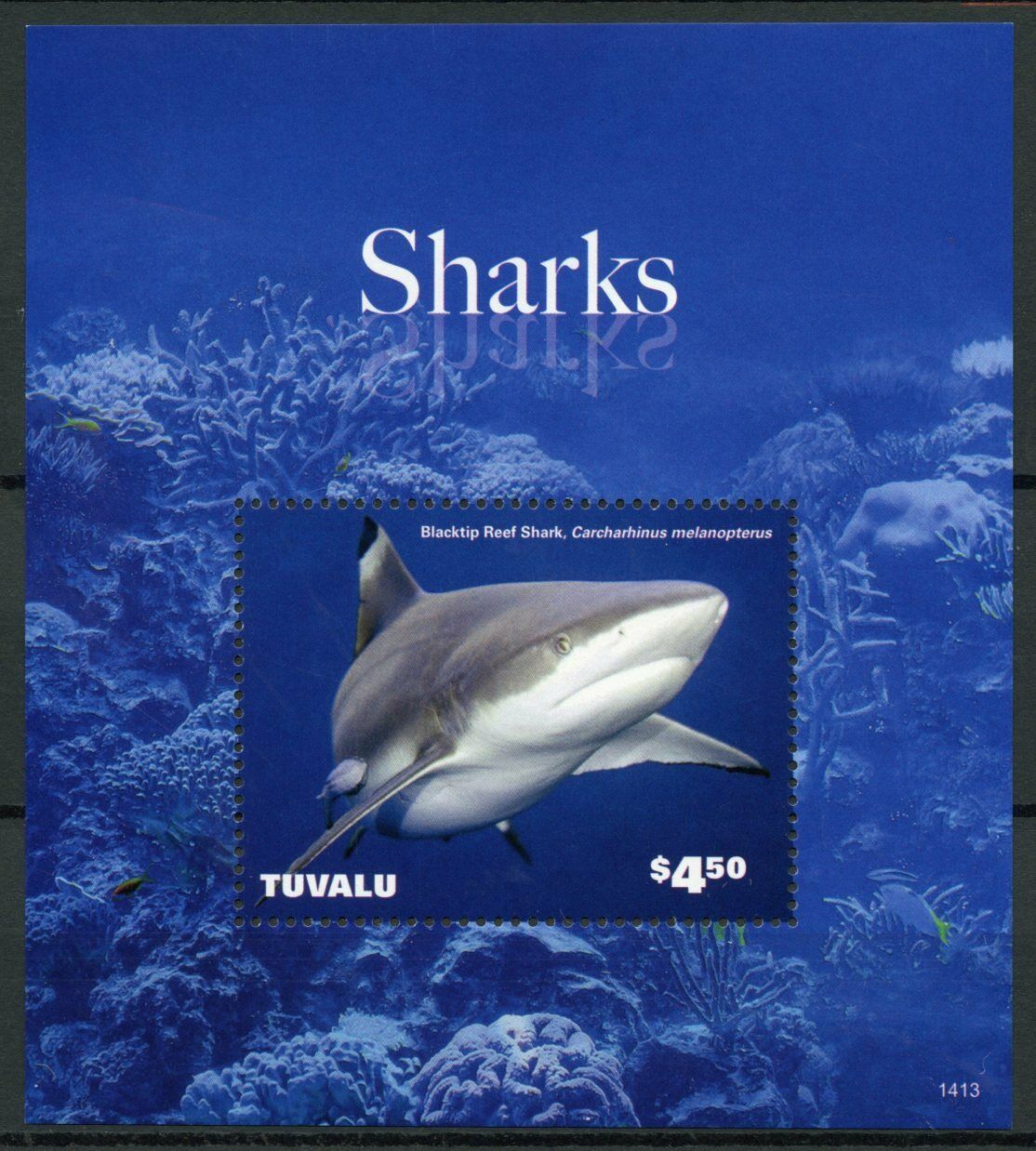 Tuvalu Sharks Stamps 2014 MNH Blacktip Reef Shark Marine Animals 1v S/S