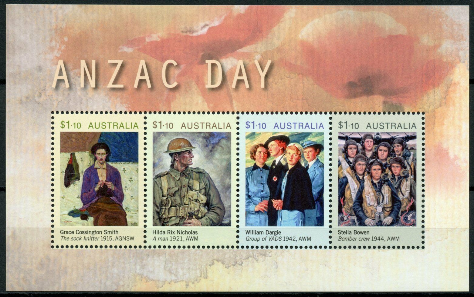 Australia Military Stamps 2020 MNH Anzac Day WWI WW1 WWII WW2 Art 4v M/S