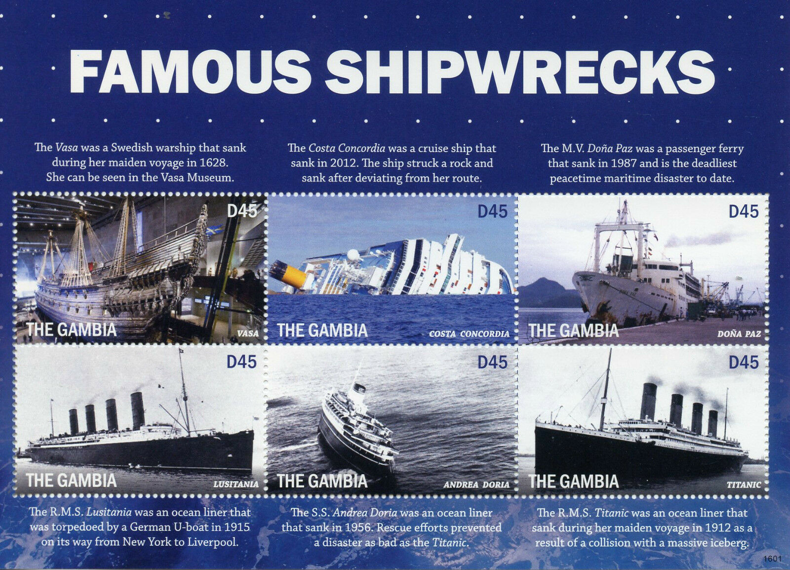 Gambia 2016 MNH Ships Stamps Famous Shipwrecks Titanic Lusitania Vasa 6v M/S