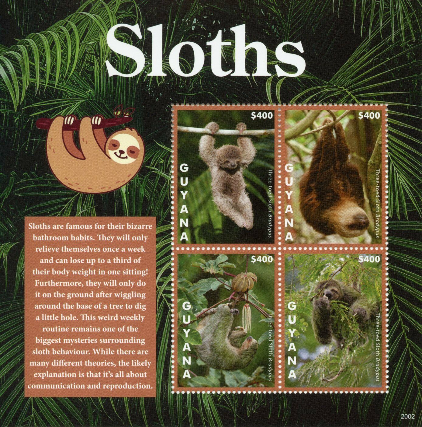 Guyana 2020 MNH Wild Animals Stamps Sloths Three-Toed Sloth Fauna 4v M/S