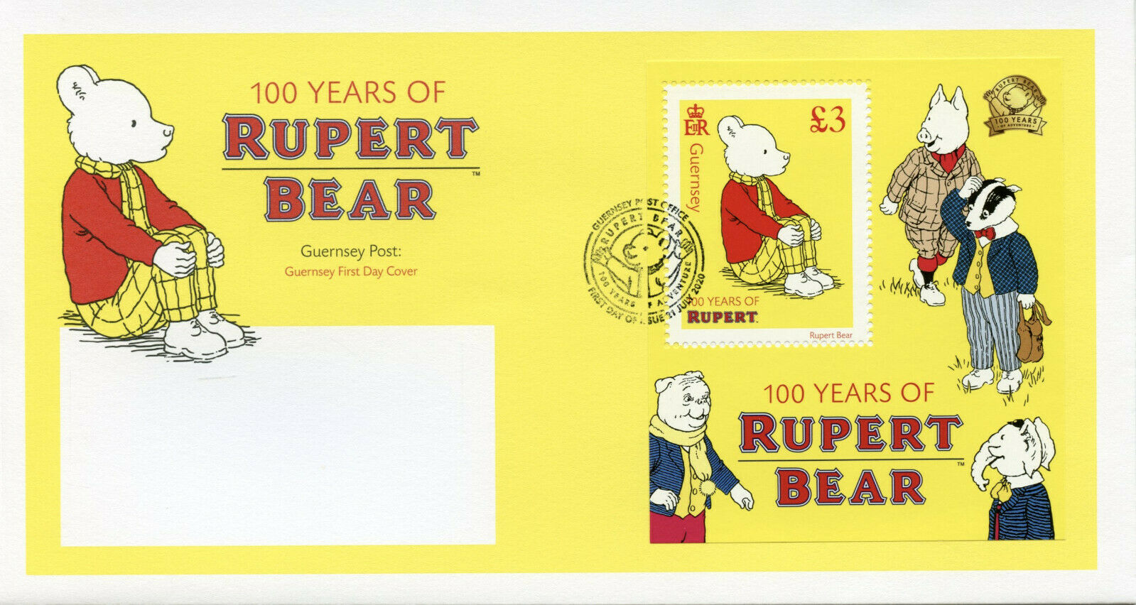 Guernsey Comics Stamps 2020 FDC Rupert Bear Bill the Badger Cartoons 1v M/S